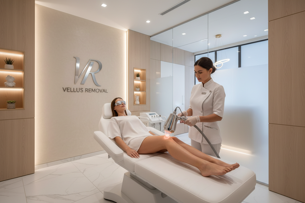 Modern aesthetic center with bright, soft lighting and minimalist décor. On the main wall behind the patient, prominently displayed, a refined logo: VR in large, elegant lettering; underneath, smaller and clean typography: VELLUS REMOVAL.
A woman with healthy, even-toned skin lies on a professional treatment bed wearing protective eye shields. A practitioner in a white uniform and gloves performs an IPL Intense Pulsed Light hair removal treatment. Subtle glow from the IPL flash, reflections on the device ha